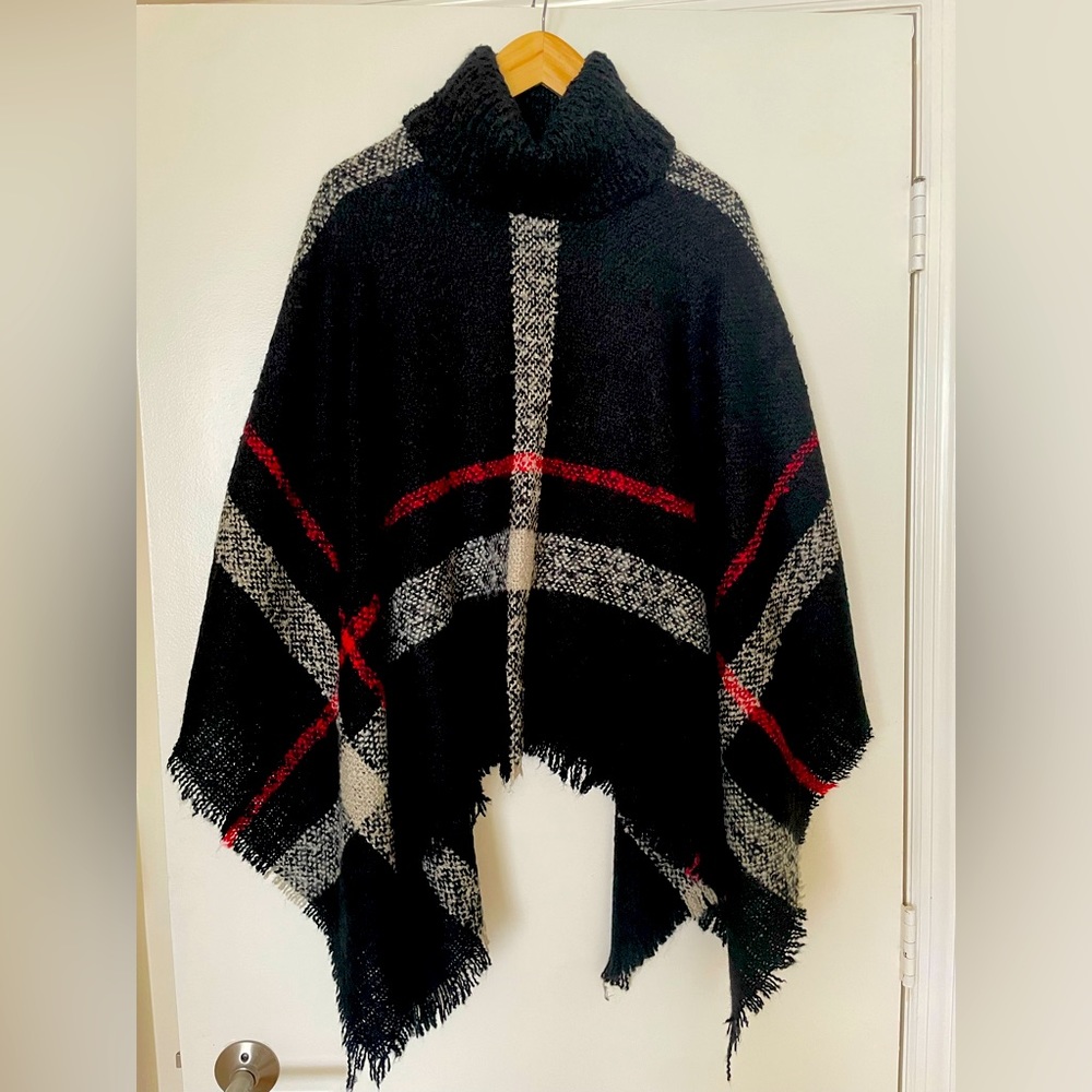 Black and Red Plaid Poncho, never worn, designed and purchased in France
